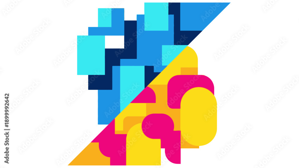 Obraz premium Abstract Diagonal Contrast Background: Blue Geometric Blocks vs. Warm Rounded Shapes. Modern duality concept illustration.