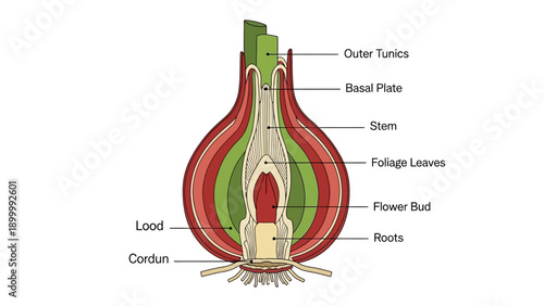 Plant Bulb Anatomy Diagram: Labeled Cross-Section of Onion Structure showing Basal Plate, Roots, Stem, Foliage Leaves, and Flower Bud