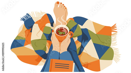 Cozy Hygge Vector: Person Wrapped in Patchwork Blanket Holding Hot Tea and Reading a Book