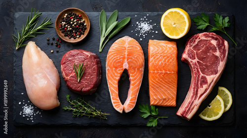 Raw chicken fish and meat on stone surface