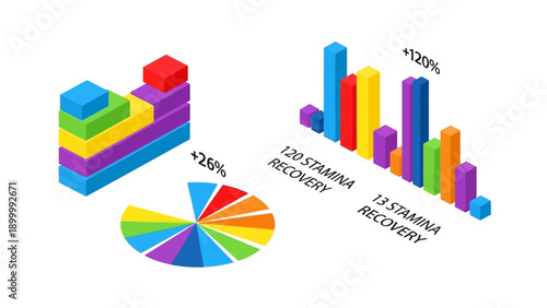 Isometric 3D Data Visualization Infographic Set with Bar Charts, Stacked Pyramid, and Pie Diagram for Business Performance and Analysis