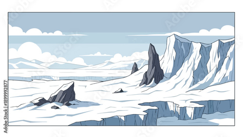A serene stylized arctic vista depicting expansive snow-covered terrain, dramatic jagged rock formations, and towering icy cliffs beneath a calm,