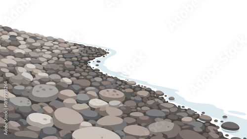 Gently sloped pebble shore illustration featuring diverse smooth stones bordering a clear winding stream, set against an expansive clean white