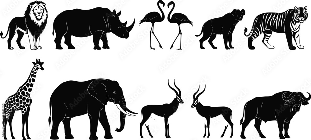 Εκτύπωση καμβά African wild animal silhouettes set including lion elephant giraffe tiger rhino