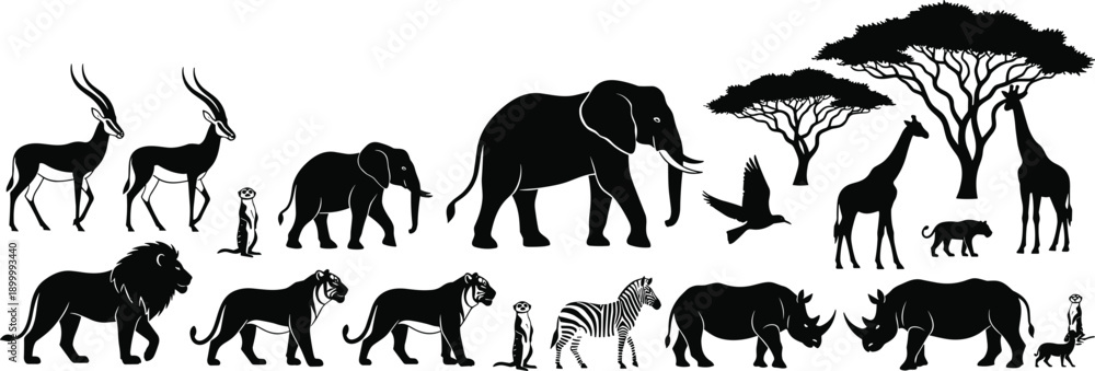 Obraz premium African wildlife animal silhouette collection with elephant lion giraffe zebra rhino antelope trees birds, safari savanna nature black white vector set