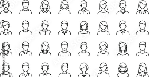Collection of simple black and white outline vector icons representing diverse male and female user profiles or avatars for applications.