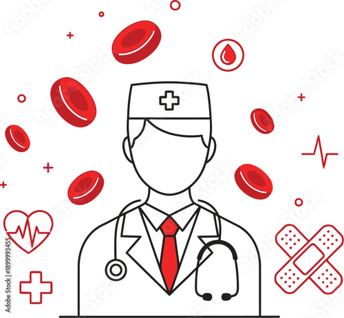 Minimalist line art illustration of a medical doctor surrounded by floating red blood cells and healthcare symbols representing transfusion or hematology science.