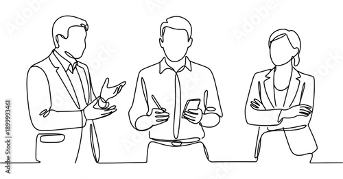 A minimalist line art illustration of three businesspeople in a meeting