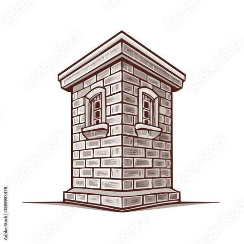 Sturdy stone tower with arched windows and decorative coping detailed illustration