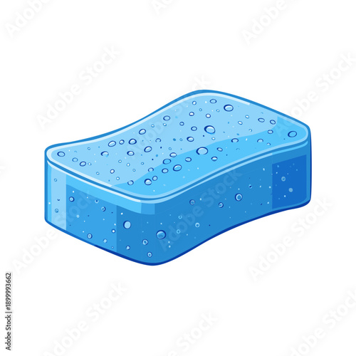 Bright blue cleaning sponge with water droplets for household chores and hygiene tasks
