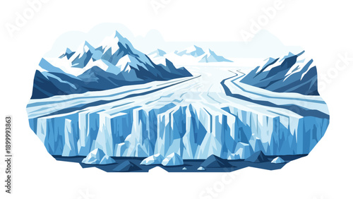 A majestic glacial landscape illustration featuring immense ice formations, towering snow-capped mountains, and a vast frozen expanse stretching
