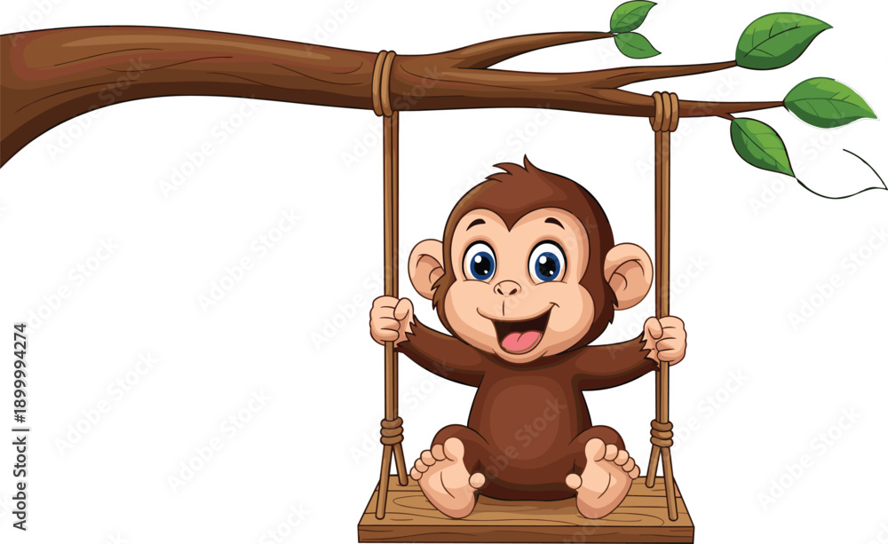Samolepka Cute cartoon monkey sitting on wooden swing hanging from tree branch, adorable a