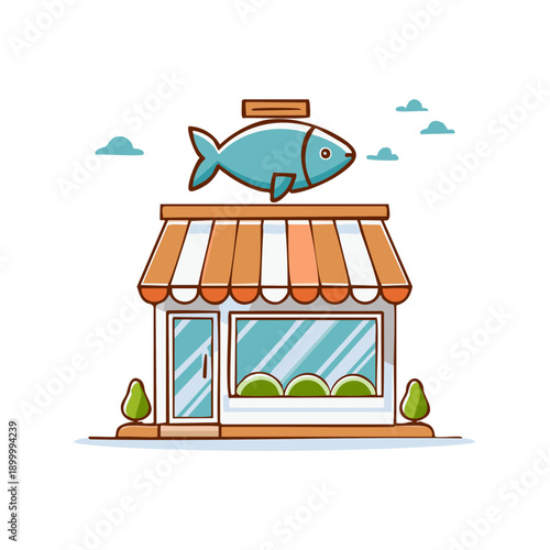 Cartoon seafood market shop building with stylized fish sign and awning