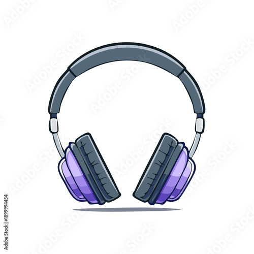 Stylized illustration of purple over-ear headphones with a dark gray headband and silver accents
