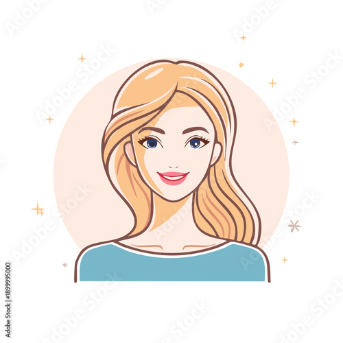Smiling blonde woman with blue eyes illustration with soft glow and sparkles