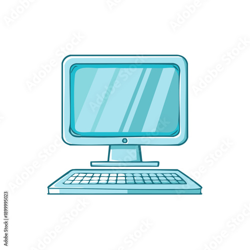 Retro computer monitor and keyboard illustration with a light blue theme