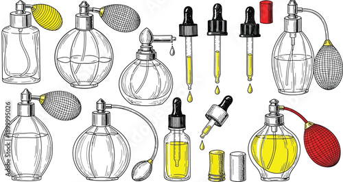 Assortment of vintage perfume bottles and modern glass droppers displays various decorative spray bulbs and yellow liquid.