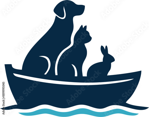 Illustration of Dog, Rabbit and Cat on a blue boat