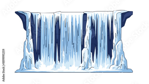 A magnificent blue waterfall cascades gracefully over a rugged cliff face in this vibrant illustration depicting nature's powerful elegance and