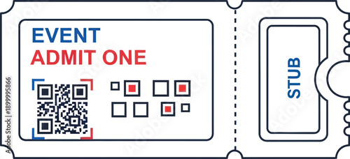 A simplified, outline style entry ticket features a detachable stub and a prominent black and white quick response code for.
