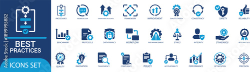 Best practices icon set. Containing workflow, guidelines, performance, standards, improvement, protocols, procedures and methodology. Solid vector icons collection.