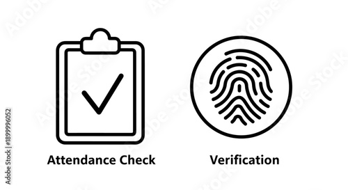 Icons representing Attendance Check and Verification, using checklist, tick mark, and fingerprint for security and access control.