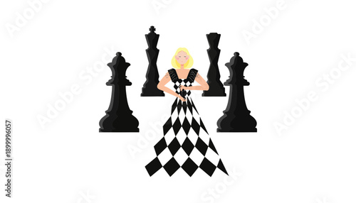 A confident woman in a black and white dress standing with chess pieces