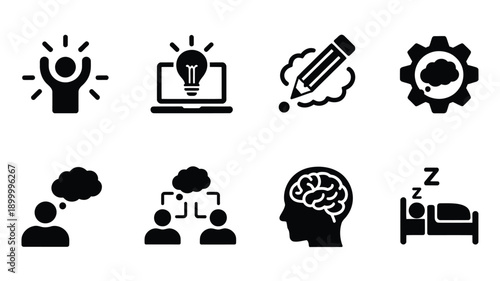 A collection of black silhouette icons representing ideas creativity and thought processes