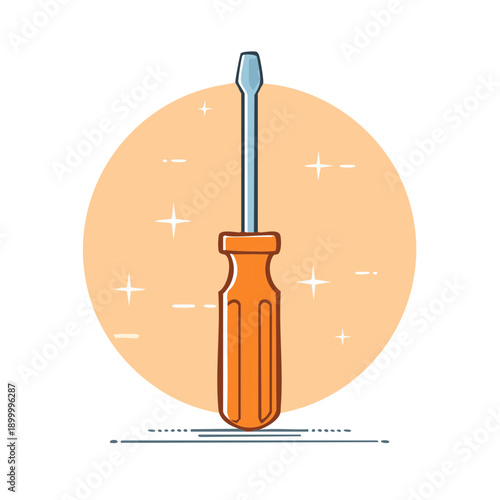 Illustrated orange handled screwdriver tool in front of a warm glowing circular background with subtle sparkle effects