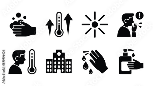 Black silhouette icons depicting health hygiene illness and medical practices