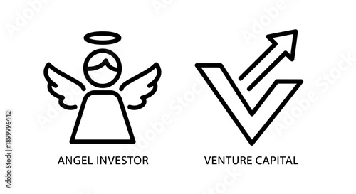 Investment Icons: Angel Investor with halo and Venture Capital upward arrow, symbolizing funding