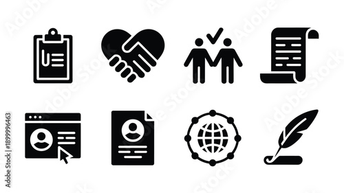 Collection of black glyph icons representing business law and global connections