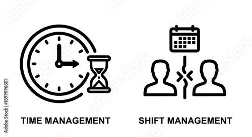 Time Management and Shift Management Icons: Productivity, Scheduling, and Workforce Planning Concepts