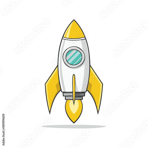 Cartoon rocket ship launching with flames from engine on white background