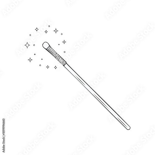 Hand drawn magical wand with sparkling stars emitting light and energy