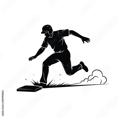 Dynamic silhouette illustration of a baseball player sprinting past a base, creating dust.