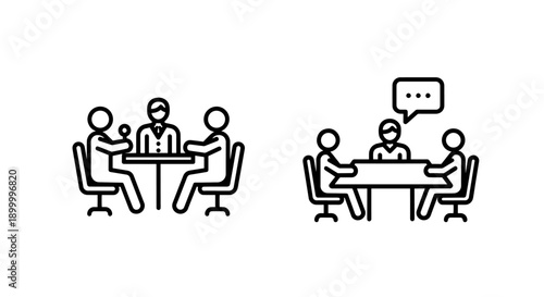 Icons of business meetings with people around tables, one with a chat bubble, representing discussions, collaboration, and communication, outline vector graphics