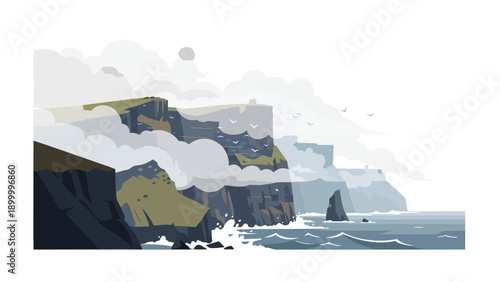 A captivating digital illustration of majestic coastal cliffs enveloped in swirling mist, with a serene ocean and distant birds creating a tranquil,