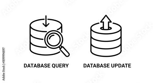Database Query and Update Icons: Representing data retrieval, information search, and modification processes in a database system.