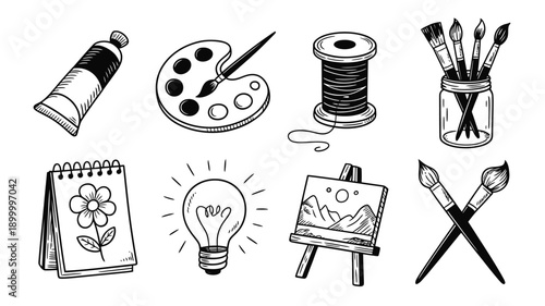 Art supplies and creative tools in a black and white sketch illustration