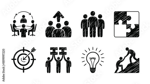 Business strategy and teamwork icons collaboration goals and success concepts