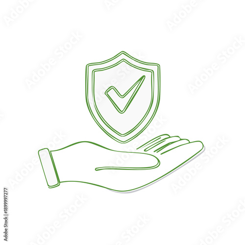 Outline of a hand holding a shield with a checkmark, symbolizing protection and security
