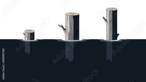 A conceptual illustration of tree stumps symbolizing stages of growth and hidden depths in a minimalist design.