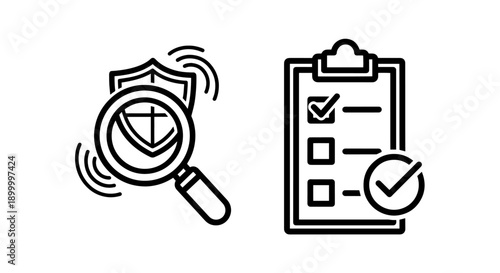 Security Audit and Checklist Icons: Magnifying glass on shield and clipboard with checkmarks for inspection, verification, and task completion.
