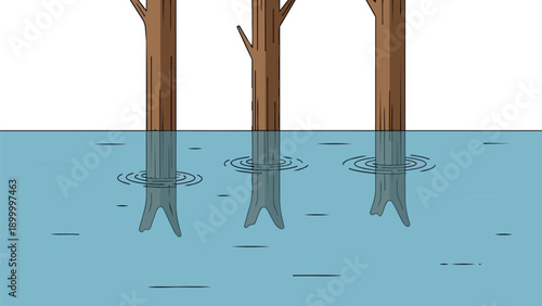 A tranquil illustration of three tree trunks standing partially submerged in calm blue water with subtle ripples reflecting their forms perfectly