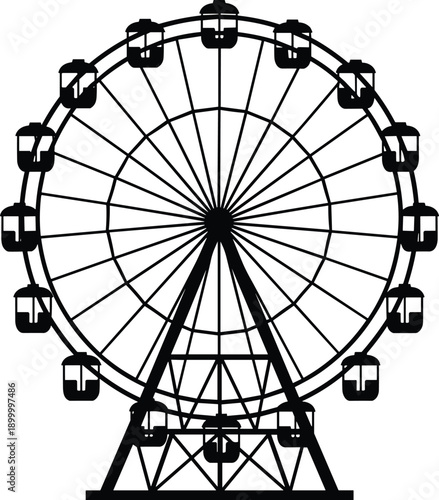 Ferris wheel silhouette illustration, amusement park landmark attraction, carnival entertainment symbol, black vector design, fairground ride icon artwork