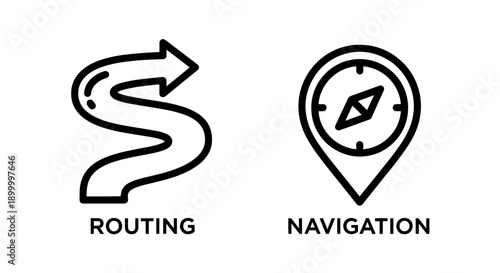 Routing and navigation icons: winding path for routing and map pin with compass for navigation, symbolizing direction, travel, and logistics