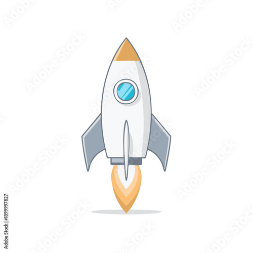 Cartoon rocket blasting off with orange fire and smoke from engines on a simple background