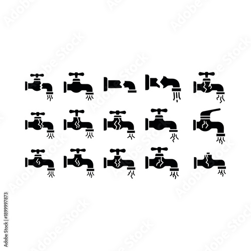 Leaking faucets drip water in various broken positions on a clean white background in illustrations.