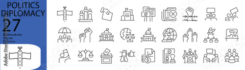 Politics Diplomacy icon set. Editable stroke. Vector illustration.